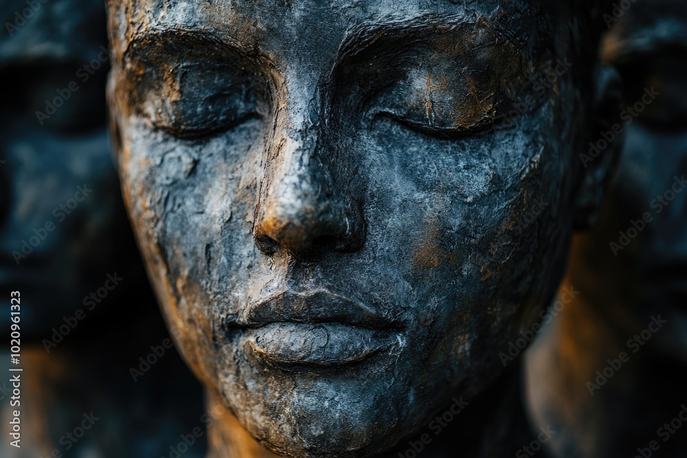 Poster a detailed image of a woman's face sculpture, ideal for use in editorial or commercial contexts wher