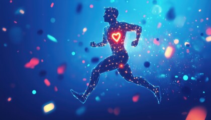 A glowing, running man with a heart on his chest in a blue background with bokeh lights.
