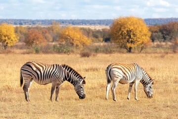 Obraz premium Two zebras grazing in a grassy landscape with fall foliage in the background.
