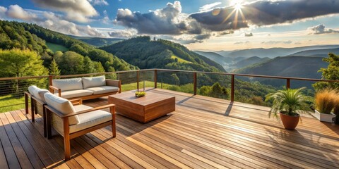 Fototapeta premium A wooden deck overlooking a breathtaking valley landscape, offering a serene view and a comfortable space to relax and enjoy the natural beauty.
