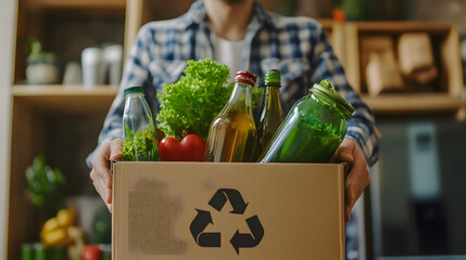 A person packaging items using eco-friendly materials like recycled paper, reusable containers, and glass jars
