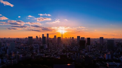 Obraz premium Captivating sunset view of Tokyo's skyline, blending traditional and modern elements beautifully..