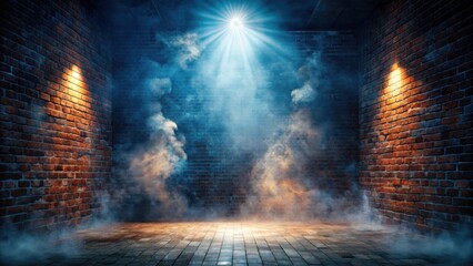 A Mysterious Brick Room Bathed in Dramatic Blue and Orange Light, Filled with Wispy Smoke, Creates an Eerie and Atmospheric Setting