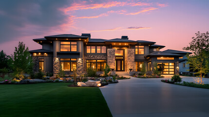 New contemporary style luxury home exterior at twilight.