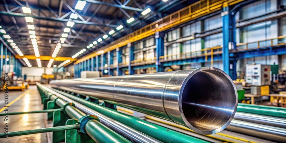 Poster A Close-Up of a Shiny Metal Pipe in a Large Industrial Factory Setting