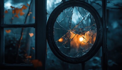 A Shattered Windowpane with a Glowing Light Behind It