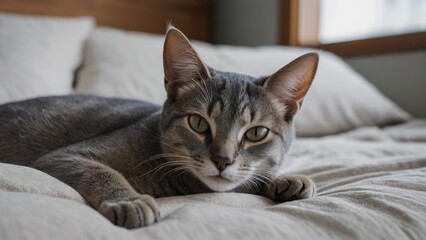 Blue abyssinian cat lying on bed in the bedroom