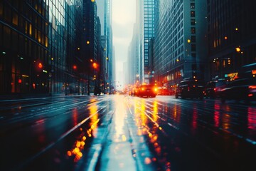 Obraz premium A city street at night with moving cars and tall buildings in the background
