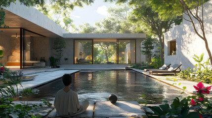 3D Illustration of a Tranquil Pool and Patio with a Person Meditating