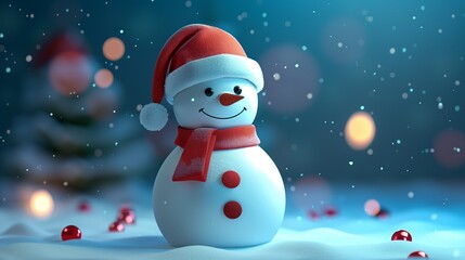 Fototapeta premium A cheerful snowman wearing a red scarf and Santa hat in a snowy night scene, illuminated by soft lights.
