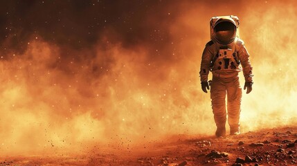 Astronaut walking on the surface of Mars, red soil stretching for miles