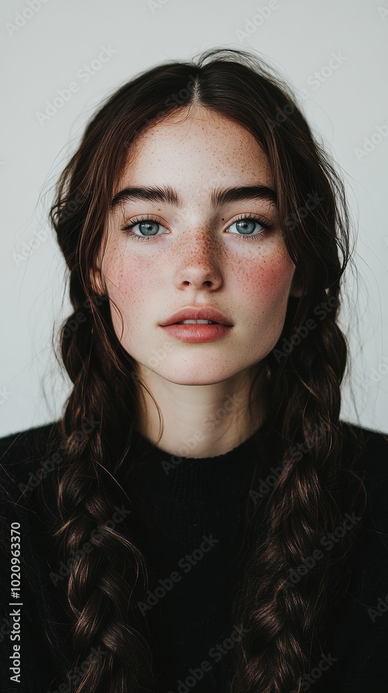 Poster A woman with freckles and a black shirt