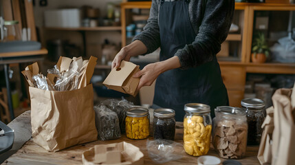 A person packaging items using eco-friendly materials like recycled paper, reusable containers, and glass jars