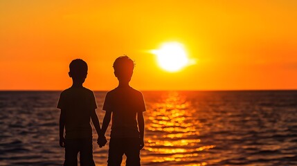 Fototapeta premium A silhouette of two people holding hands, watching the sunset over an ocean
