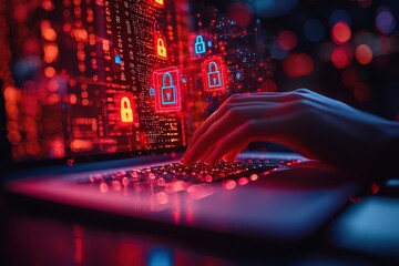 A person typing on their laptop with red and blue padlock icons floating above the keyboard, symbolizing digital security. 