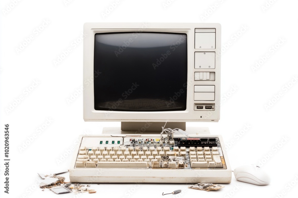 Aufkleber An old computer with a damaged keyboard and mouse, possibly out of use
