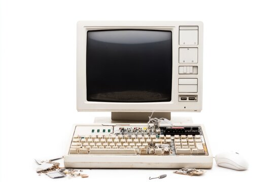 An old computer with a damaged keyboard and mouse, possibly out of use