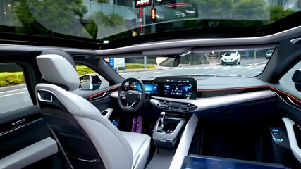 An autonomous vehicle driving through a city street, showcasing its ability to navigate traffic and respond to changing conditions.