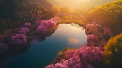 Aerial View of a Serene Lake Surrounded by Blossoming Trees at Sunset