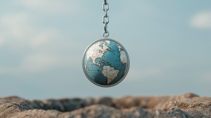 globe suspended over pit symbolizes world, representing delicate balance of our planet. This striking image evokes sense of wonder and contemplation about our global environment