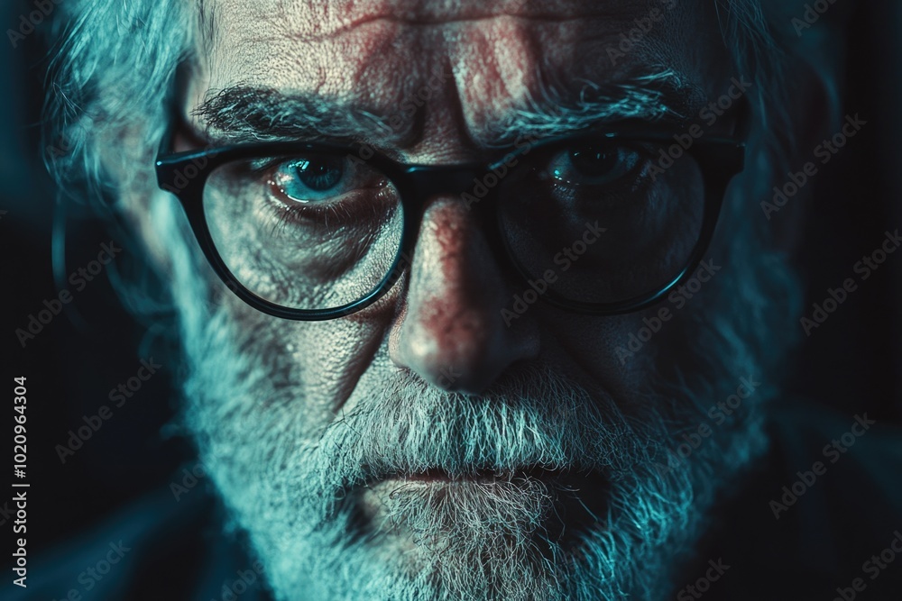 Poster portrait of a man with glasses and beard, suitable for use in professional or personal contexts