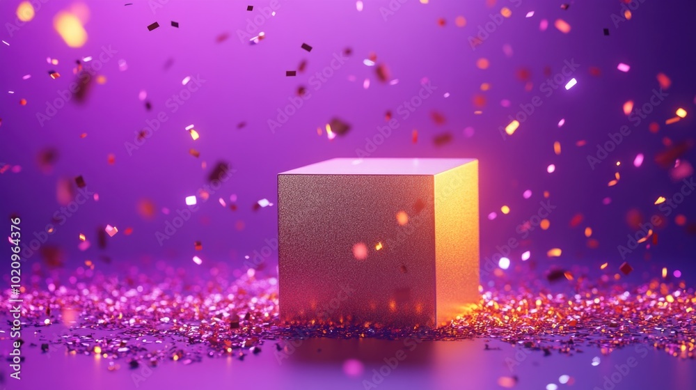 Poster a colorful scene with a gold cube surrounded by confetti on a purple background