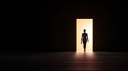 Obraz premium The back view of a businesswoman walking toward a bright opening in a dark wall, symbolizing success..
