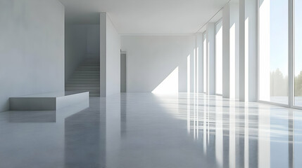 Fototapeta premium Minimalist White Room with Large Windows and Sunlight - 3D Illustration