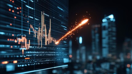 Fototapeta premium image depicts dynamic financial graph with bright spark or meteor like effect, symbolizing market volatility and dramatic changes in stock prices. urban skyline in background adds to modern