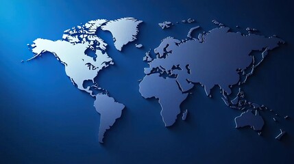 Naklejka premium A flat world map displays blank continents against a vibrant blue background, 3D illustrated for clarity..