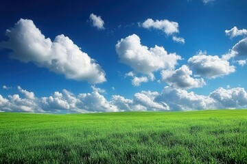 Fototapeta premium A field of green grass with a blue sky and clouds, generative ai image