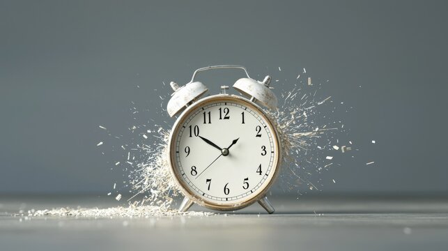 vintage clock with its hands spinning rapidly, creating dynamic and energetic scene. clock is surrounded by flying debris, adding sense of urgency and excitement to image
