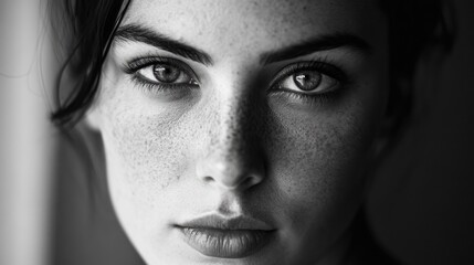 Fototapeta premium A close-up shot of a woman's face featuring distinctive freckles