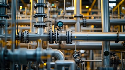A macro shot of intricate piping systems with complex joints and valves in a petrochemical processing area.
