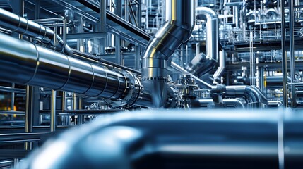 A close-up of high-pressure pipelines and advanced machinery in an ultra-modern petrochemical facility.