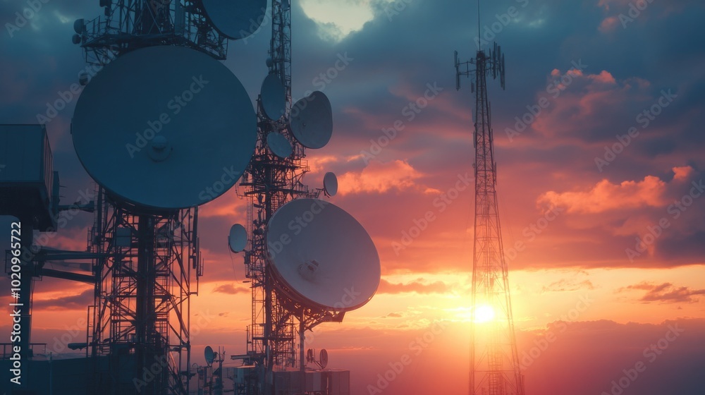 Poster Sunset scene with radio towers in background, suitable for use in urban or technology-related contexts
