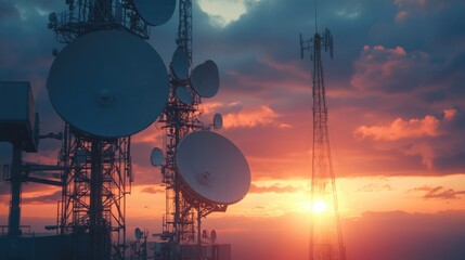 Sunset scene with radio towers in background, suitable for use in urban or technology-related contexts