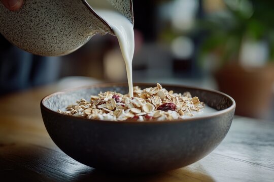 A person pouring milk into a bowl of cereal