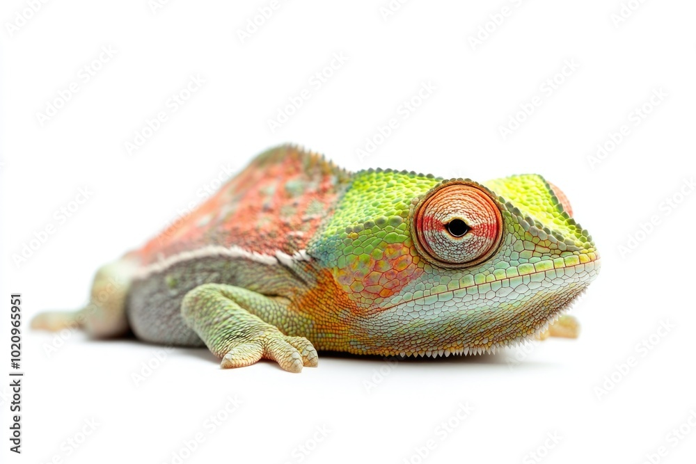 Poster a close-up of a chameleon sitting on a white background, highlighting its unique features