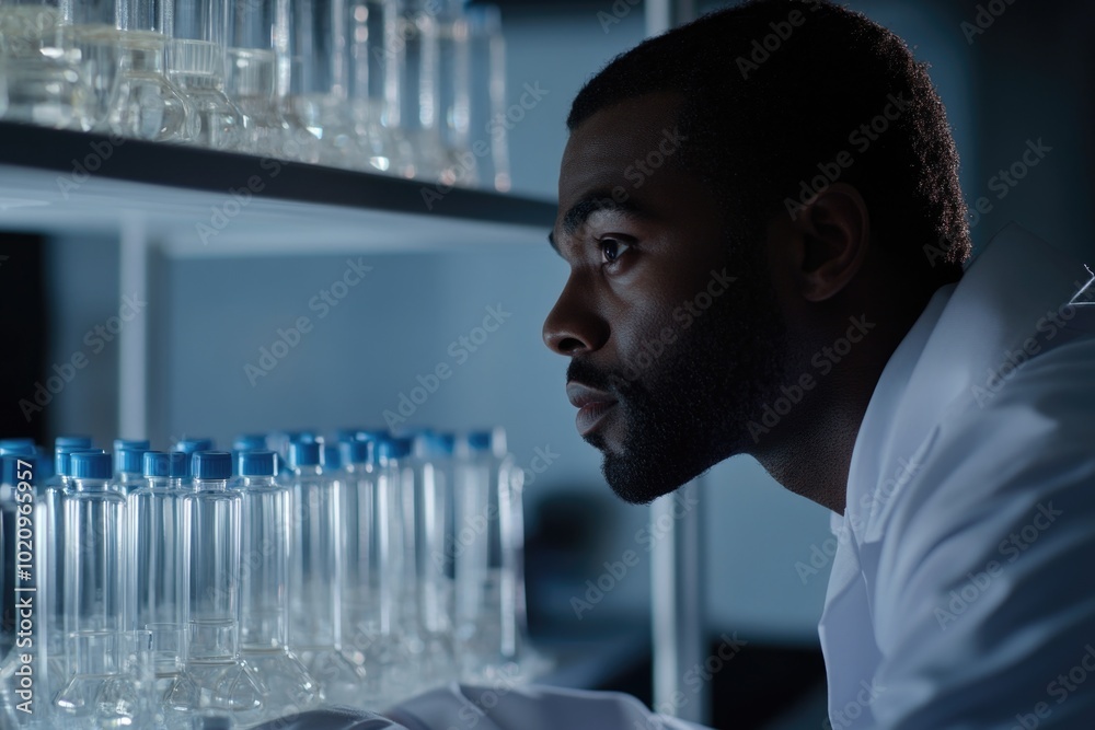 Poster a scientist in a lab coat examining various bottles of water, possibly for research or testing purpo