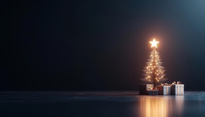 Obraz premium Festive Christmas tree with glowing star and presents in dark setting.
