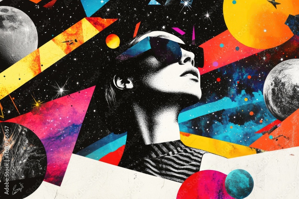 Poster a person wearing vr goggles and controllers, sitting in front of a cityscape or futuristic environme