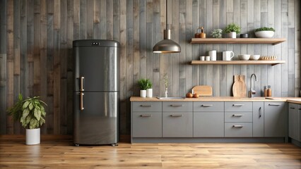 Modern Kitchen with a Stainless Steel Refrigerator and Wooden Wall Paneling