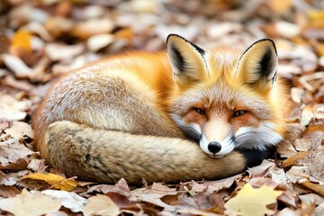 Fototapeta premium A resting red fox curled up in colorful autumn leaves.
