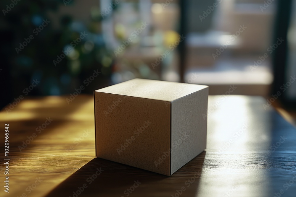 Poster a minimalist setup featuring a white box sitting on top of a wooden table, ideal for commercial or e