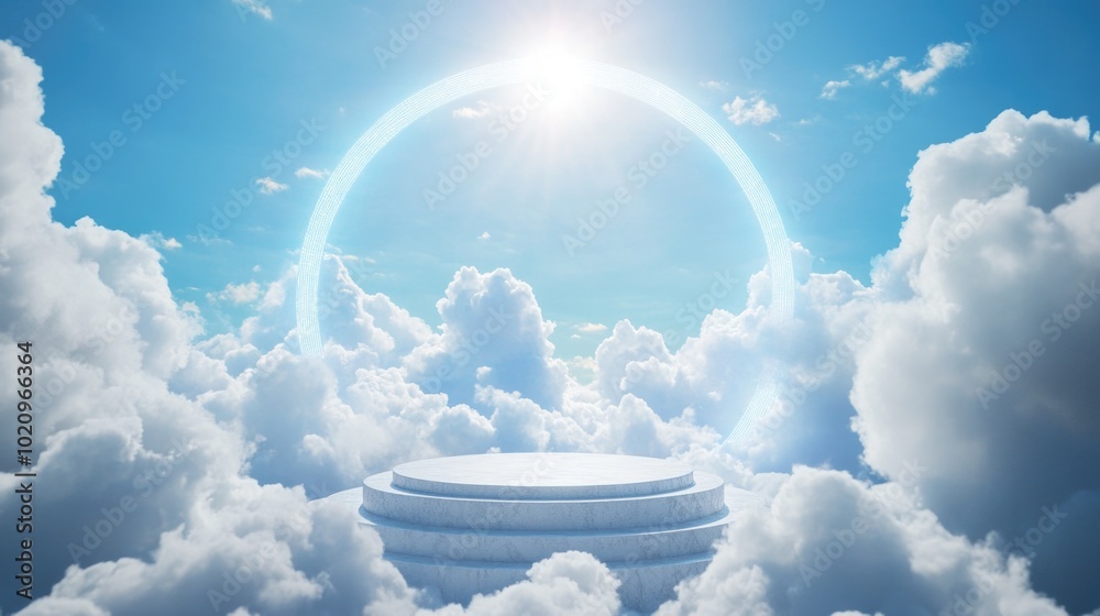 Poster a stage floating in a cloudy sky with blue and white clouds