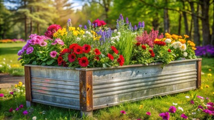 Rustic Metal Planter Overflowing with Vibrant Blooms in a Lush Garden Setting