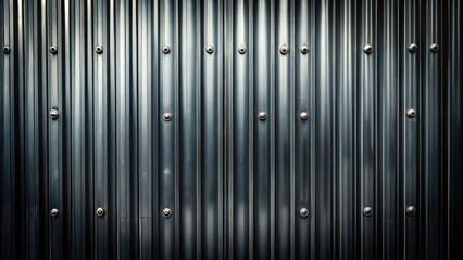 A close-up texture of a metallic wall with rows of vertical grooves and evenly spaced rivets.