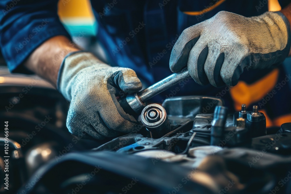Poster A close-up shot of a mechanic tinkering with a car's engine, showcasing attention to detail and expertise