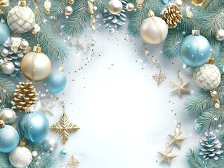 Blue and gold Christmas ornaments with pine branches and copy space for holiday greetings.